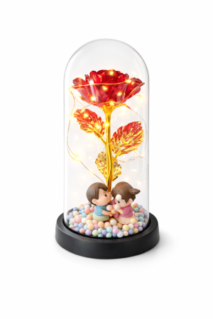 Cupole cu flori din plastic - Cupola plastic cu trandafir rosu LED si 2 indragostiti, 20 cm, cutie cadou