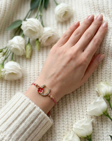 Set 12 Bratari Martisor Potcoava Aurie cu Trifoi Rosu Snur Alb Rosu reglabil [2]