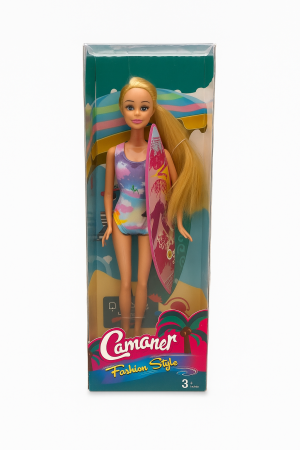 Papusi si accesorii - Papusa Camaner Fashion Style Surfer cu Placa de Surf si Par Blond Lung pentru Fete 3+