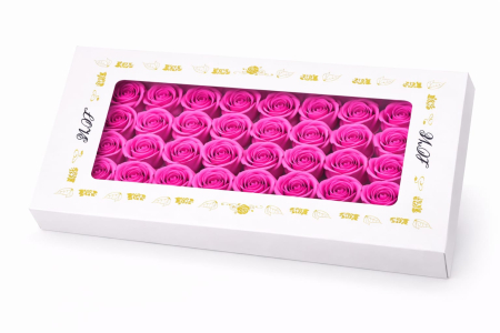 Aranjamente florale - Set 50 Trandafiri de Sapun Parfumati in Cutie Eleganta Cadou 44x23 cm Fucsia