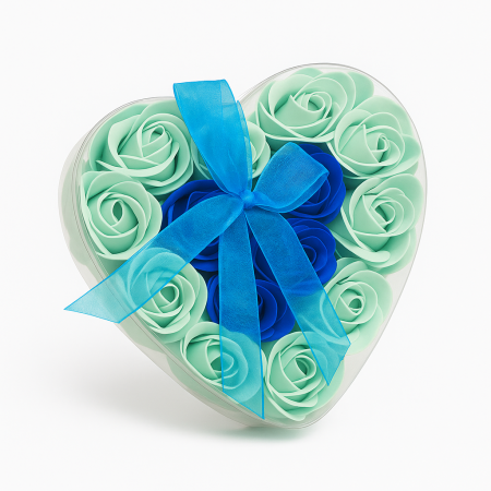 Cutie Inima cu 18 Trandafiri Sapun Blue Mint – Cadou Luxury 15x15 cm [3]