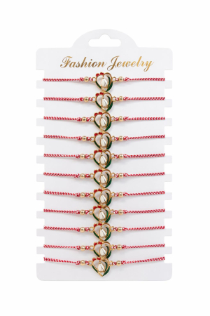 Martisoare - Set 12 Bratari Martisor cu Inimioara Aurie si Ghiocel, Snur Rosu Reglabil, 20x11 cm