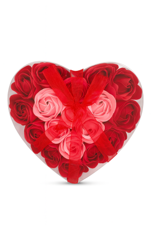 Aranjamente florale - Cutie Inima cu 18 Trandafiri din Sapun Roz si Rosu, Cadou Romantic 15x15 cm