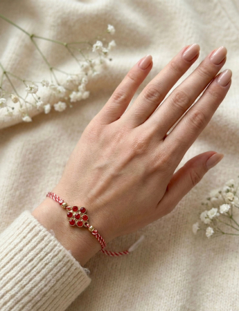 Set 12 bratari martisor cu floare rosie din cristale, snur reglabil alb-rosu [2]