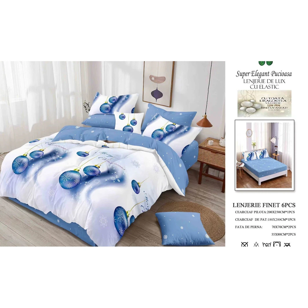 Lenjerii de pat Pucioasa Engros - Lenjerie Pat Finet 6 Piese – Model Craciun Globuri Albastre, 200x230 cm, cu Elastic