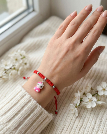 Set 10 bratari martisor snur rosu impletit reglabil cu figurina pisicuta [2]