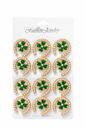 Martisoare - Set 12 brose martisor potcoava aurie cu trifoi verde 15x9cm