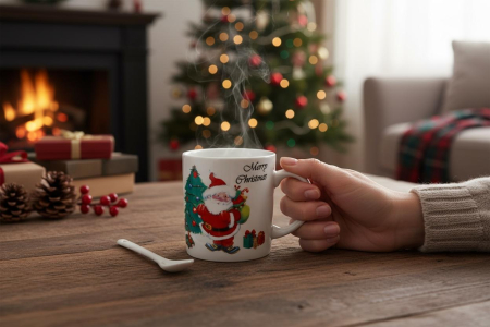 Set Cana Ceramica cu Lingurita, Tematica de Craciun, în Cutie Cadou – 14x14x8.5cm [2]