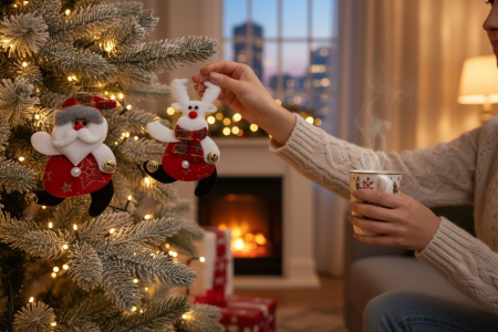 Set 12 decoratiuni Craciun textile – ren, om de zapada si ursulet, model rosu, 15cm [1]