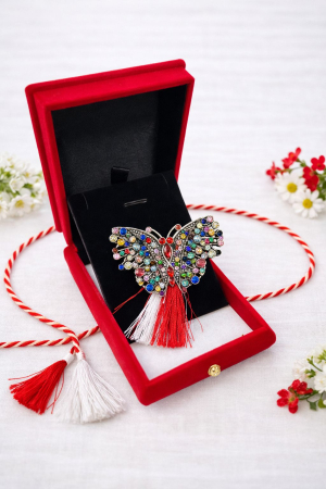 Brose ambalate elegant - Brosa fluture argintiu cu strasuri in cutie catifea rosie premium 8.5cm