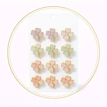 Set 12 brose martisor trifoi auriu cu strasuri, culori pastel asortate 15x9cm [1]