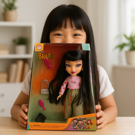 Papusa Brato Fashion cu bluza roz, pantaloni verzi si par lung negru, 29.5x22.5 cm, jucarie fete 3+ ani [1]