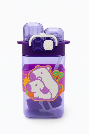 Jucarii Diverse - Sticla Apa Copii 600ml cu Bretea si Capac Dublu – Model Ursulet, Mov