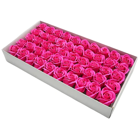 Articole pentru Casa Engros - Cutie 50 trandafiri roz fucsia din sapun – flori artificiale parfumate pentru cadouri si decor
