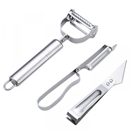 Articole pentru Casa Engros - Accesorii de Curatat Decojit Fructe Legume, , Set 3 Piese, Feliator Cutit Decojitor, Legume si Fructe, din Otel Inoxidabil, cu Maner, Argintiu