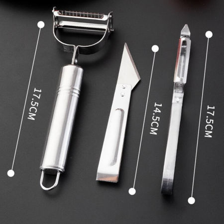 Accesorii de Curatat Decojit Fructe Legume, , Set 3 Piese, Feliator Cutit Decojitor, Legume si Fructe, din Otel Inoxidabil, cu Maner, Argintiu [1]