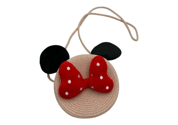 Haine si accesorii Engros - Accesoriu fashion pentru fetite – poseta cu fundita si urechiuse, din paie calitate superioara, 