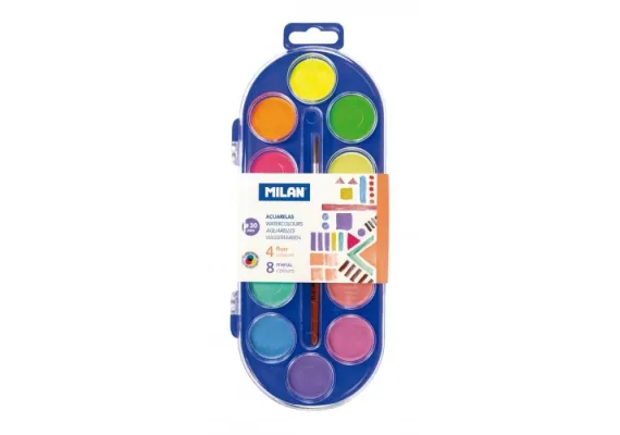Birotica, papetarie si rechizite Engros - Acuarele pastila Milan, set 12 culori – culori intense si aplicare uniforma pentru desen si pictura, 