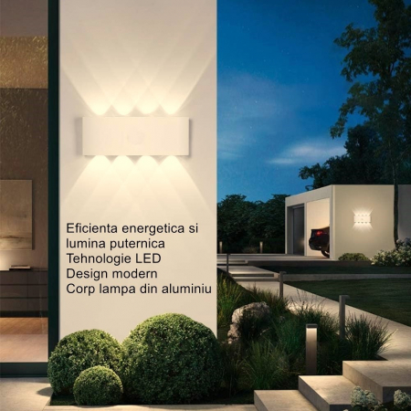Aplica pentru Perete, , Interior/Exterior, Rezistenta la Umezeala IP65, 8 W, Lumina Calda, Aluminiu, 22x8 cm, Alb [3]