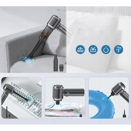 Aspirator Portabil Auto, , pentru Casa si Masina, 3 Viteze, Incarcator Tip-C cu Incarcare Rapida, Tub Prelungitor, 2000mAh, 7 Capete de Aspirare si Suflare, 21x20x6.5 cm, Negru [2]