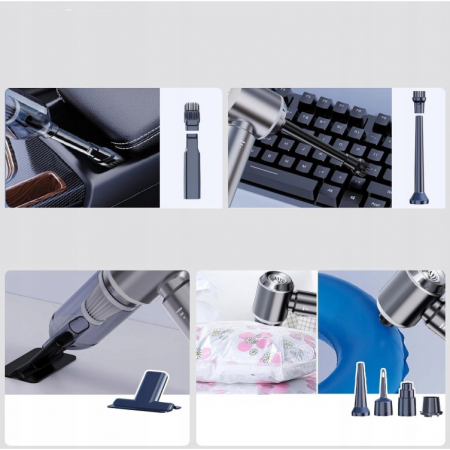 Aspirator Portabil Auto, , pentru Casa si Masina, 3 Viteze, Incarcator Tip-C cu Incarcare Rapida, Tub Prelungitor, 2000mAh, 7 Capete de Aspirare si Suflare, 21x20x6.5 cm, Negru [6]