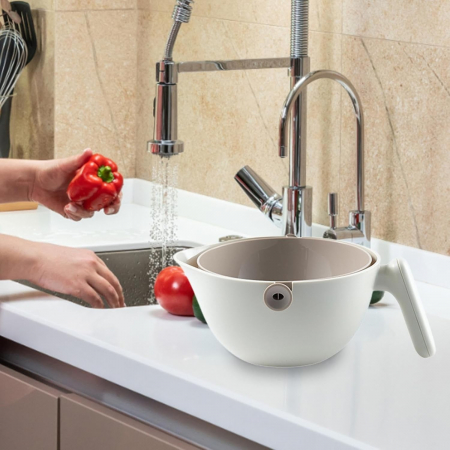 Bol cu Doua Straturi, , pentru Fructe, Legume, cu Cos de Scurgere a Apei, 2L, din ABS+PP, 29.9 x 22.5 x 11.8 cm, Alb - Gri [1]