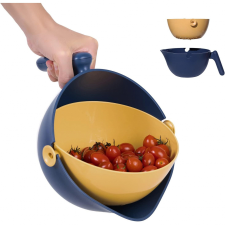 Bol cu Doua Straturi, , pentru Fructe, Legume, cu Cos de Scurgere a Apei, 2L, din ABS+PP, 29.9 x 22.5 x 11.8 cm, Albastru-Portocaliu [3]