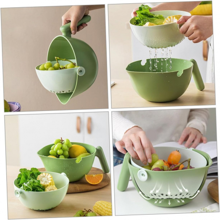Bol cu Doua Straturi, , pentru Fructe, Legume, cu Cos de Scurgere a Apei, 2L, din ABS+PP, 29.9 x 22.5 x 11.8 cm, Verde-Alb [3]