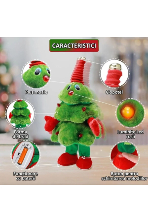 Brad muzical animat 42 cm cu saxofon, LED roșu și dans – 8 melodii, funcționare pe baterii [3]