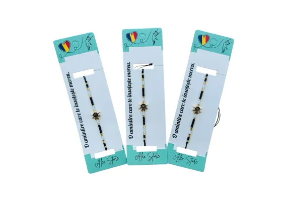 Haine si accesorii Engros - Bratara cu margele negre si aurii si pandantiv soare – model simbolic cu snur subtire, cadou elegant pentru femei si fete, 