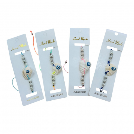 Bratara cu scoica decorativa, margele argintii si ochi protector – accesoriu de vara, simbolic si colorat,  [1]