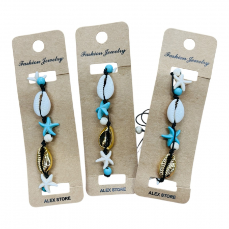 Bratara cu scoici decorative, stelute si margele albastre – accesoriu estival cu vibe marin pentru femei si fete,  [1]