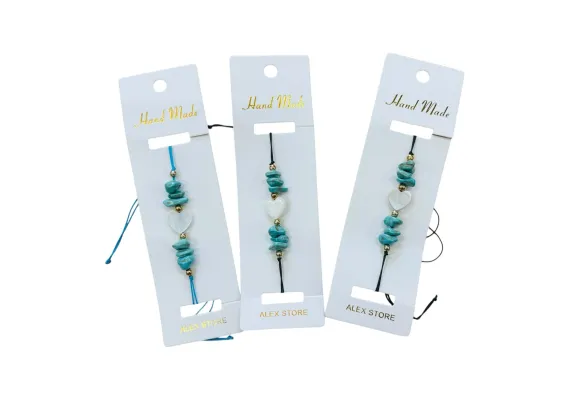 Haine si accesorii Engros - Bratara cu snur reglabil, pietre naturale turcoaz si inimioara decorativa – accesoriu casual pentru femei si fete, 