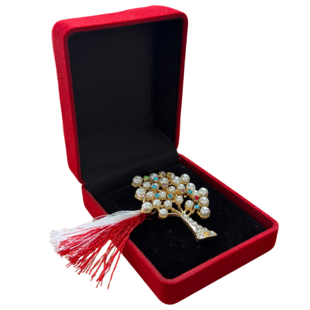 Brose ambalate elegant - Brosa Copac Martisor cu Perle si Strasuri Colorate in Cutie de Catifea