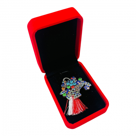 Brosa Cos cu Flori de Lux cu Strasuri Multicolore si Ciucure pentru Martisor, in Cutie Catifelata Premium -   [1]