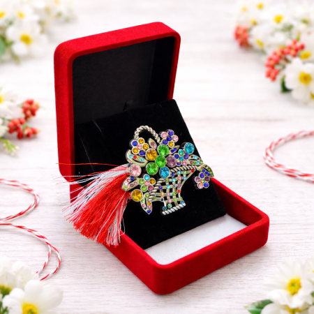 Martisor brosa Cosulet cu pietre multicolore si snuralb-rosu in cutie cadou rosie [1]