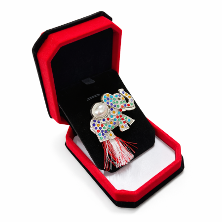 Brose ambalate elegant - Brosa elefant martisor cu strasuri multicolore si perla in cutie de catifea