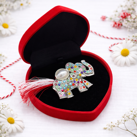 Brosa elefant martisor cu strasuri multicolore si perla in cutie de catifea [1]
