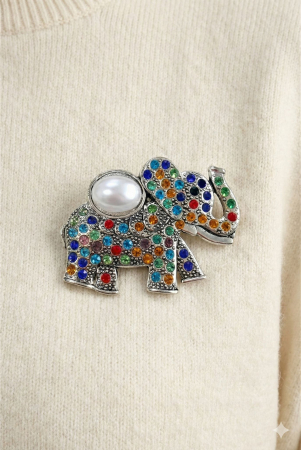 Brosa Elefant Norocos Multicolora Perla Cristale 5x4cm Auriu/Argintiu [1]