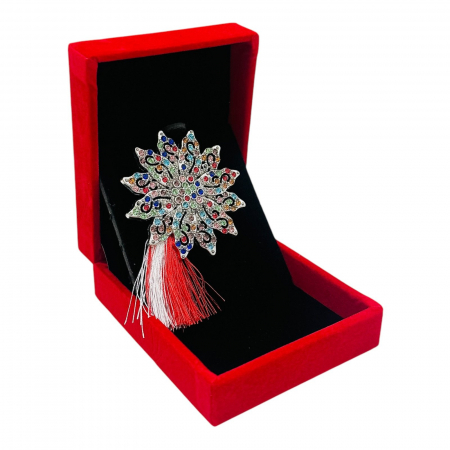 Brosa Floare cu Strasuri Multicolore si Ciucure Traditional pentru Martisor, in Cutie Catifelata Premium -   [3]