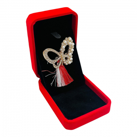Brosa Fluturas de Lux cu Perle si Ciucure pentru Martisor, in Cutie din Catifea Premium  [2]