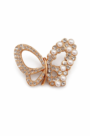Martisoare - Brosa fluture 5x4 cm, finisaj auriu cu perle si pietre, cadou primavara elegant