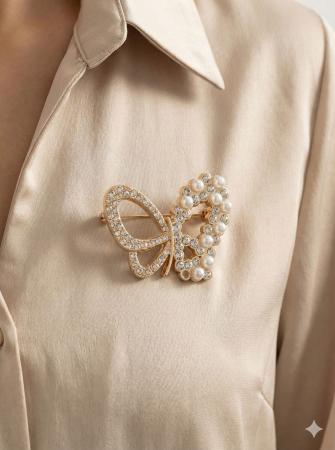 Brosa fluture 5x4 cm, finisaj auriu cu perle si pietre, cadou primavara elegant [1]