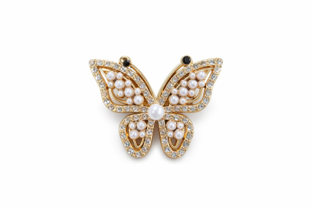 Martisoare - Brosa Fluture Aurie Perle Albe Cristale Eleganta 4x5 cm