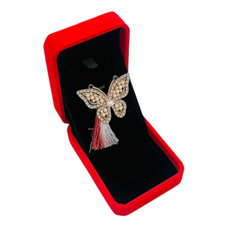 Brosa Fluture de Lux cu Strasuri si Perle, Ciucure Traditional pentru Martisor, in Cutie Catifelata Premium -   [3]