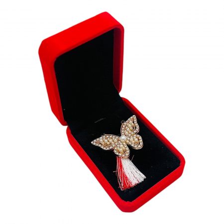 Brosa Fluture de Lux cu Strasuri si Perle, Ciucure Traditional pentru Martisor, in Cutie Catifelata Premium -   [2]