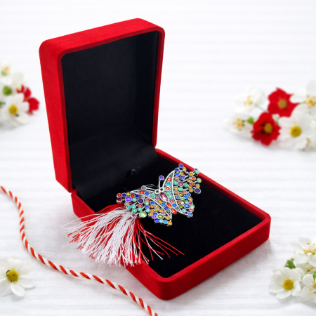 Brosa Martisor Fluture cu Strasuri in Cutie din catifea Rosie [1]