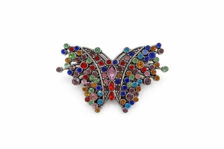 Martisoare - Brosa Fluture Multicolor Cristale Strasuri Argintiu Eleganta 5x3 cm