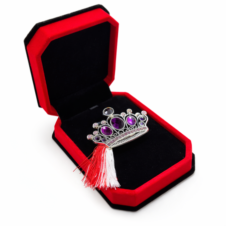 Brose ambalate elegant - Brosa tiara martisor cu strasuri mov in cutie de catifea