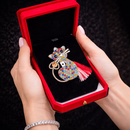 Brosa pisica martisor cu strasuri multicolore in cutie de catifea [2]